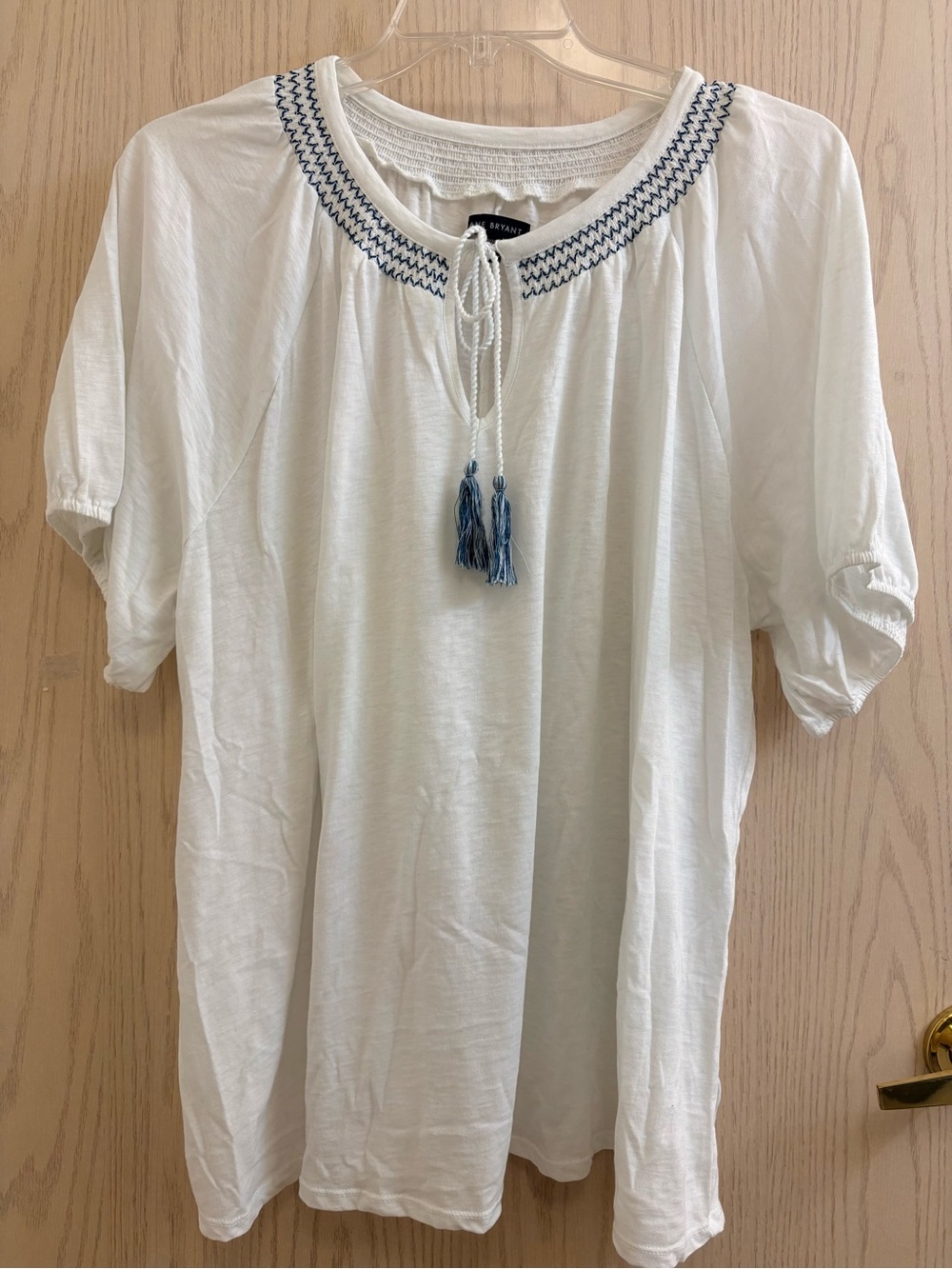 Lane Bryant Boho White Peasant Tie-Neck Top with Blue Tassel Detail